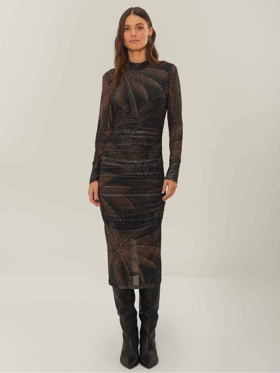 FARM Rio Dresses & Skirts - FARM Rio Black Golden Foliage Tulle Midi Dress - Stretch Mesh NWT - Size L